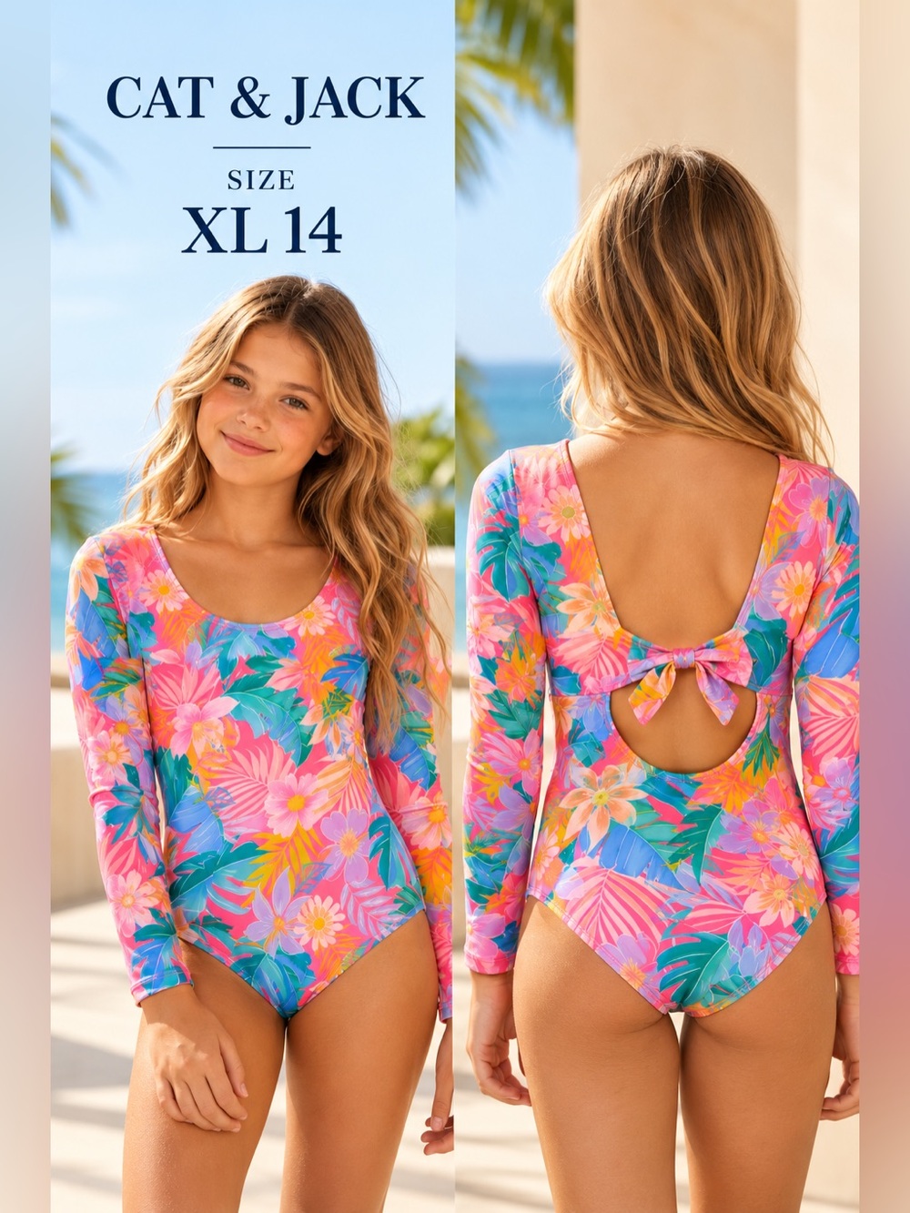 Cat & Jack Girls Tropical Floral Long Sleeve One Piece Swimsuit Size XL 14